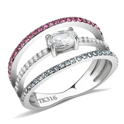 Fashnzfab High Polished (no Plating) Stainless Steel Ring With Aaa Grade Cz In Multi Color In Silver