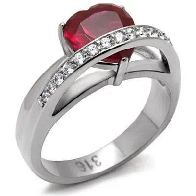 Fashnzfab High Polished (no Plating) Stainless Steel Ring With Aaa Grade Cz In Ruby In Silver