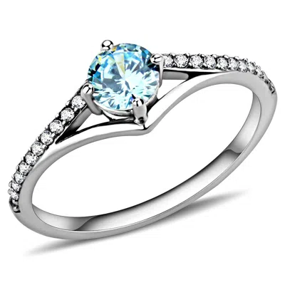 Fashnzfab High Polished (no Plating) Stainless Steel Ring With Aaa Grade Cz In Sea Blue In Metallic