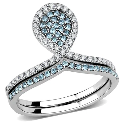 Fashnzfab High Polished (no Plating) Stainless Steel Ring With Aaa Grade Cz In Sea Blue In White