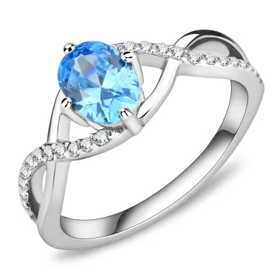 Fashnzfab High Polished (no Plating) Stainless Steel Ring With Aaa Grade Cz In Sea Blue In White