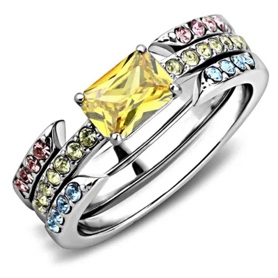 Fashnzfab High Polished (no Plating) Stainless Steel Ring With Aaa Grade Cz In Topaz In Multi