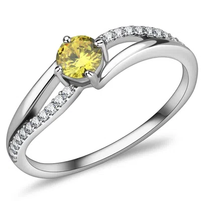 Fashnzfab High Polished (no Plating) Stainless Steel Ring With Aaa Grade Cz In Topaz In Silver