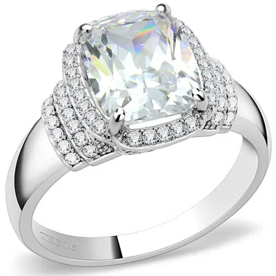 Fashnzfab High Polished (no Plating) Stainless Steel Ring With Cubic In Clear In Silver