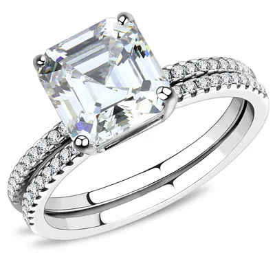 Fashnzfab High Polished (no Plating) Stainless Steel Ring With Cubic In Clear In White