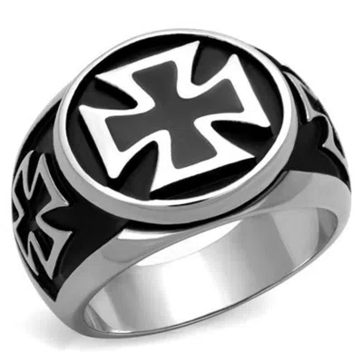 Fashnzfab High Polished (no Plating) Stainless Steel Ring With Epoxy In Jet In Silver