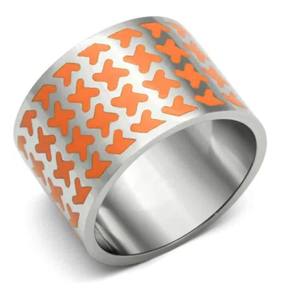 Fashnzfab High Polished (no Plating) Stainless Steel Ring With Epoxy In Orange In Silver