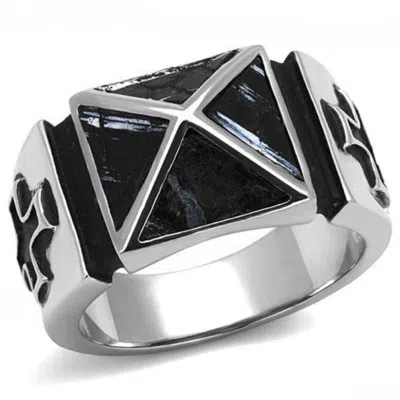 Fashnzfab High Polished (no Plating) Stainless Steel Ring With Leather In Jet In Multi