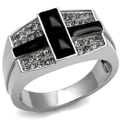 Fashnzfab High Polished (no Plating) Stainless Steel Ring With Semi-precious Agate In Jet In Multi