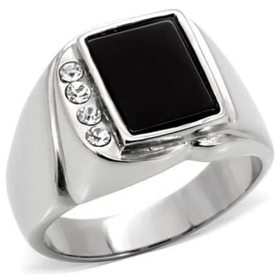 Fashnzfab High Polished (no Plating) Stainless Steel Ring With Semi-precious Agate In Jet In Multi