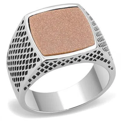Fashnzfab High Polished (no Plating) Stainless Steel Ring With Semi-precious Gold Sand Stone In Siam In Multi