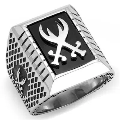 Fashnzfab High Polished (no Plating) Stainless Steel Ring With Semi-precious Onyx In Jet In Silver