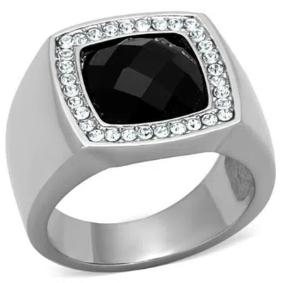 Fashnzfab High Polished (no Plating) Stainless Steel Ring With Semi-precious Onyx In Jet In Burgundy