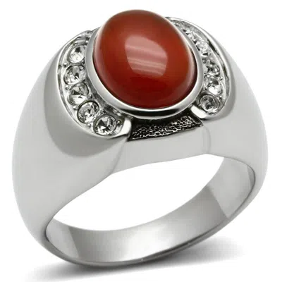 Fashnzfab High Polished (no Plating) Stainless Steel Ring With Semi-precious Onyx In Siam In Silver
