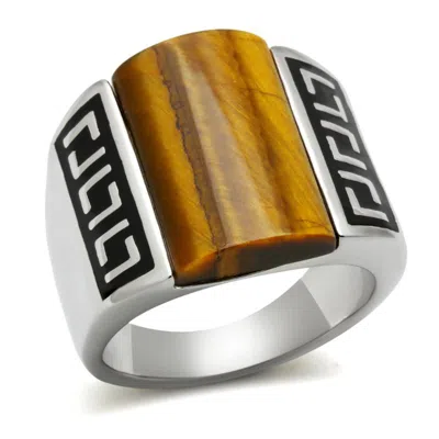 Fashnzfab High Polished (no Plating) Stainless Steel Ring With Semi-precious Tiger Eye In Smoked Quartz In Multi