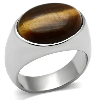 Fashnzfab High Polished (no Plating) Stainless Steel Ring With Semi-precious Tiger Eye In Topaz In Multi