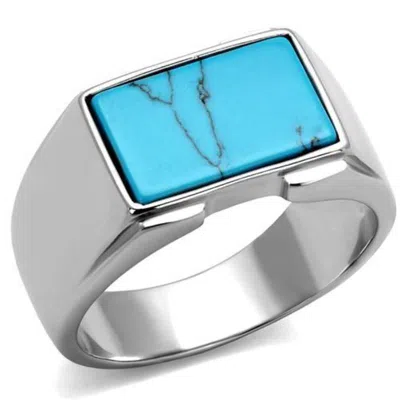Fashnzfab High Polished (no Plating) Stainless Steel Ring With Synthetic Imitation Amber In Sea Blue In Multi