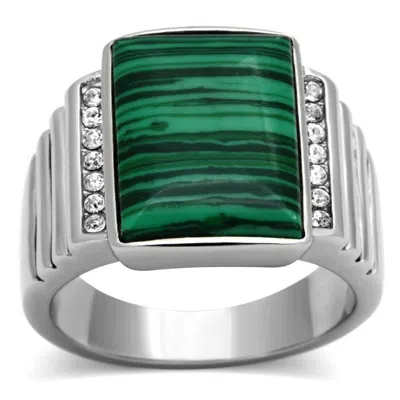 Fashnzfab High Polished (no Plating) Stainless Steel Ring With Synthetic Malachite In Emerald In Gold