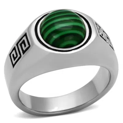 Fashnzfab High Polished (no Plating) Stainless Steel Ring With Synthetic Malachite In Emerald In Pink
