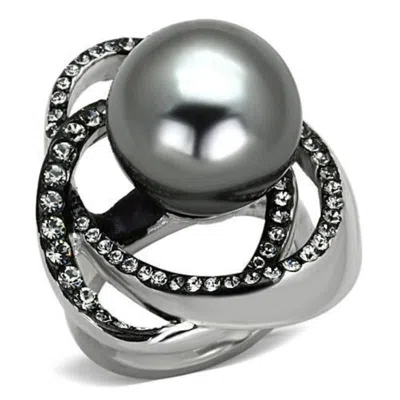 Fashnzfab High Polished (no Plating) Stainless Steel Ring With Synthetic Pearl In Gray In Silver