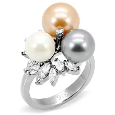 Fashnzfab High Polished (no Plating) Stainless Steel Ring With Synthetic Pearl In Multi Color In Red