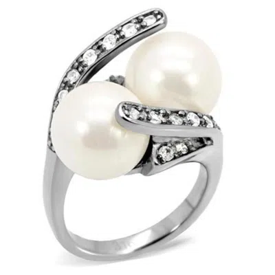 Fashnzfab High Polished (no Plating) Stainless Steel Ring With Synthetic Pearl In White In Gray