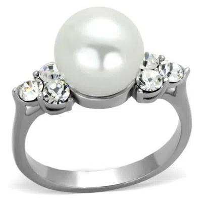 Fashnzfab High Polished (no Plating) Stainless Steel Ring With Synthetic Pearl In White In Gray