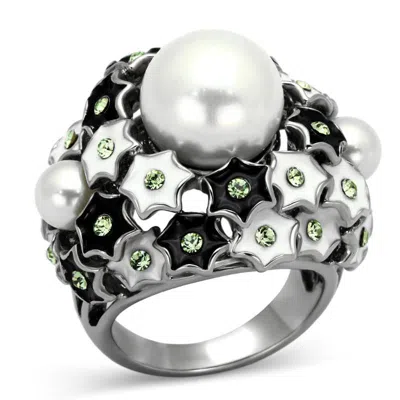 Fashnzfab High Polished (no Plating) Stainless Steel Ring With Synthetic Pearl In White In Metallic