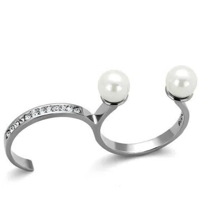 Fashnzfab High Polished (no Plating) Stainless Steel Ring With Synthetic Pearl In White In Silver