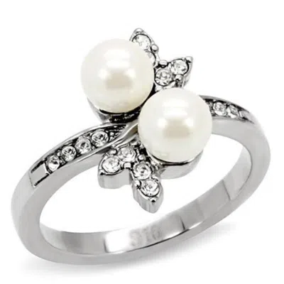 Fashnzfab High Polished (no Plating) Stainless Steel Ring With Synthetic Pearl In White In Silver
