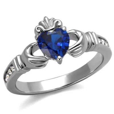 Fashnzfab High Polished (no Plating) Stainless Steel Ring With Synthetic Spinel In London Blue In Metallic