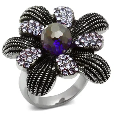 Fashnzfab High Polished (no Plating) Stainless Steel Ring With Synthetic Synthetic Glass In Amethyst In Metallic