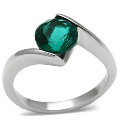 Fashnzfab High Polished (no Plating) Stainless Steel Ring With Synthetic Synthetic Glass In Blue Zircon In Silver