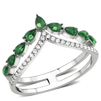 Fashnzfab High Polished (no Plating) Stainless Steel Ring With Synthetic Synthetic Glass In Emerald In Green
