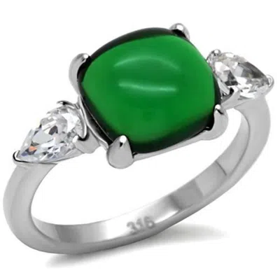 Fashnzfab High Polished (no Plating) Stainless Steel Ring With Synthetic Synthetic Glass In Emerald In Silver
