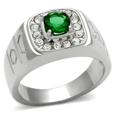Fashnzfab High Polished (no Plating) Stainless Steel Ring With Synthetic Synthetic Glass In Emerald In Multi