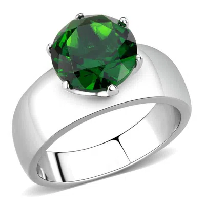 Fashnzfab High Polished (no Plating) Stainless Steel Ring With Synthetic Synthetic Glass In Emerald In Metallic