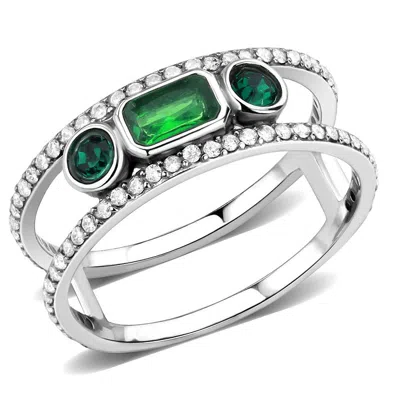 Fashnzfab High Polished (no Plating) Stainless Steel Ring With Synthetic Synthetic Glass In Emerald In Multi