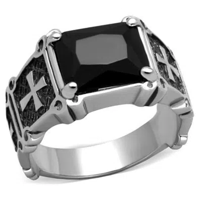 Fashnzfab High Polished (no Plating) Stainless Steel Ring With Synthetic Synthetic Glass In Jet In Metallic