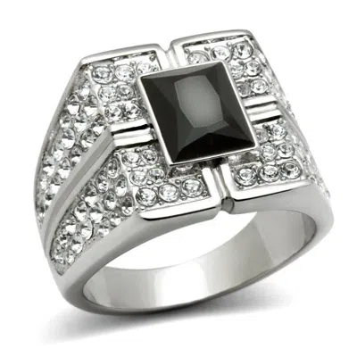 Fashnzfab High Polished (no Plating) Stainless Steel Ring With Synthetic Synthetic Glass In Jet In Green