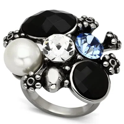 Fashnzfab High Polished (no Plating) Stainless Steel Ring With Synthetic Synthetic Glass In Jet In Multi