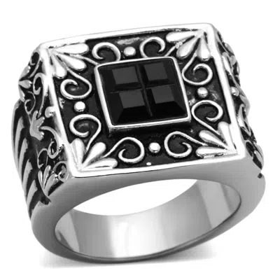 Fashnzfab High Polished (no Plating) Stainless Steel Ring With Synthetic Synthetic Glass In Jet In Pattern