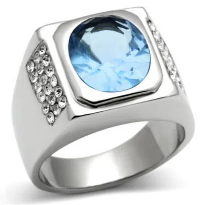 Fashnzfab High Polished (no Plating) Stainless Steel Ring With Synthetic Synthetic Glass In Light Sapphire In Metallic