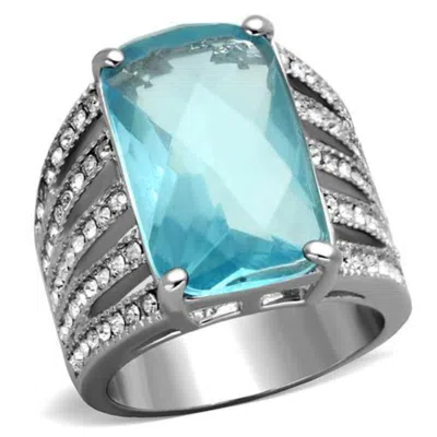 Fashnzfab High Polished (no Plating) Stainless Steel Ring With Synthetic Synthetic Glass In Sea Blue In Metallic