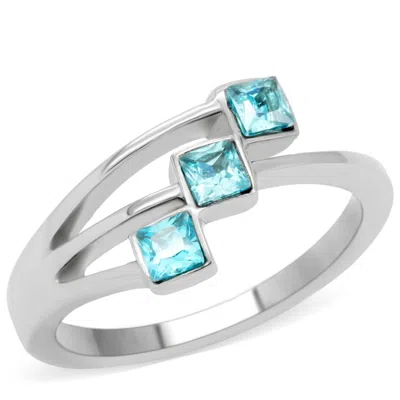 Fashnzfab High Polished (no Plating) Stainless Steel Ring With Synthetic Synthetic Glass In Sea Blue In Metallic