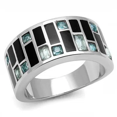 Fashnzfab High Polished (no Plating) Stainless Steel Ring With Synthetic Synthetic Glass In Sea Blue In Multi