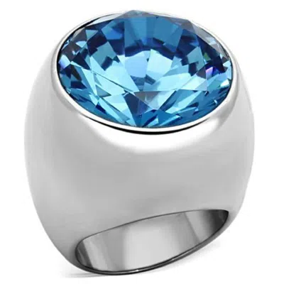 Fashnzfab High Polished (no Plating) Stainless Steel Ring With Synthetic Synthetic Glass In Sea Blue In Multi