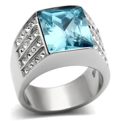 Fashnzfab High Polished (no Plating) Stainless Steel Ring With Synthetic Synthetic Glass In Sea Blue In Multi