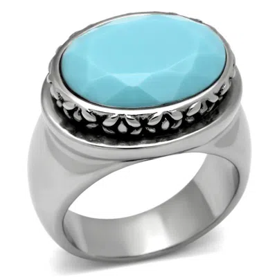 Fashnzfab High Polished (no Plating) Stainless Steel Ring With Synthetic Synthetic Glass In Sea Blue In Purple