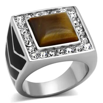 Fashnzfab High Polished (no Plating) Stainless Steel Ring With Synthetic Tiger Eye In Topaz In Metallic